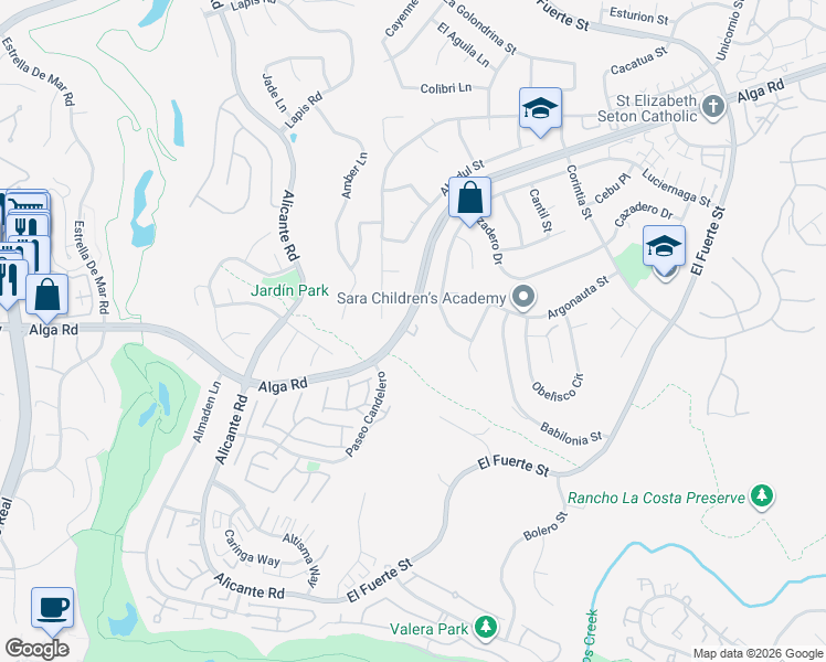 map of restaurants, bars, coffee shops, grocery stores, and more near 2577 Corte Casitas in Carlsbad