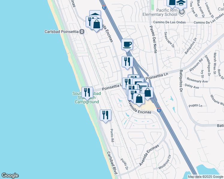 map of restaurants, bars, coffee shops, grocery stores, and more near 7008 San Bartolo Street in Carlsbad