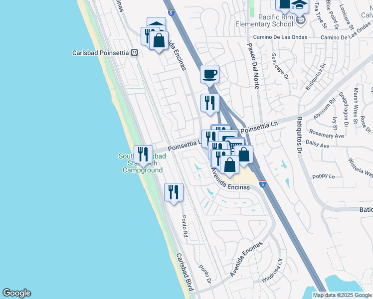map of restaurants, bars, coffee shops, grocery stores, and more near 7008 San Bartolo Street in Carlsbad