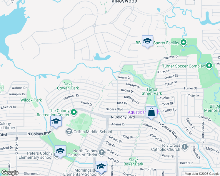 map of restaurants, bars, coffee shops, grocery stores, and more near 5400 Ragan Road in The Colony