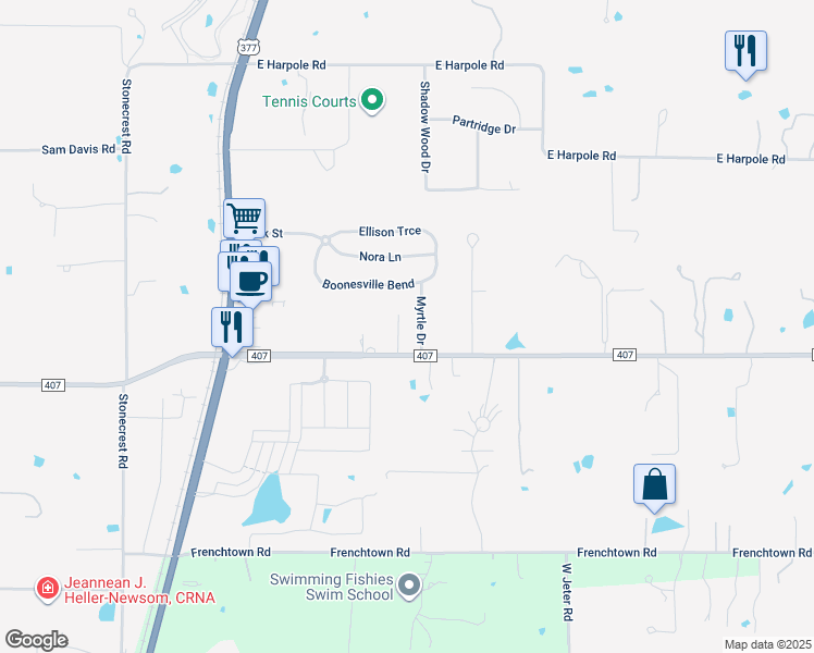 map of restaurants, bars, coffee shops, grocery stores, and more near 419 Fm 407 East in Argyle