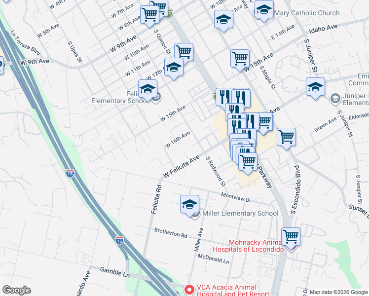 map of restaurants, bars, coffee shops, grocery stores, and more near 768 West Felicita Avenue in Escondido