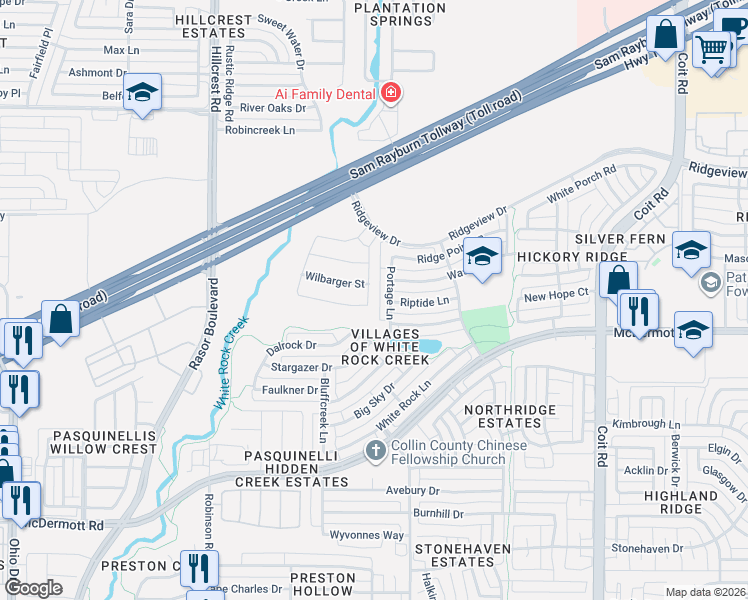 map of restaurants, bars, coffee shops, grocery stores, and more near 9000 Guadalupe Street in Plano