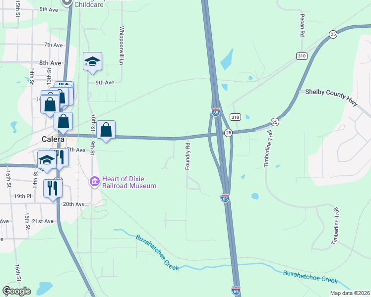 map of restaurants, bars, coffee shops, grocery stores, and more near 50 Foundry Road in Calera