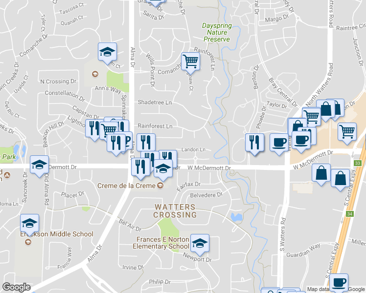 map of restaurants, bars, coffee shops, grocery stores, and more near 1178 Landon Lane in Allen