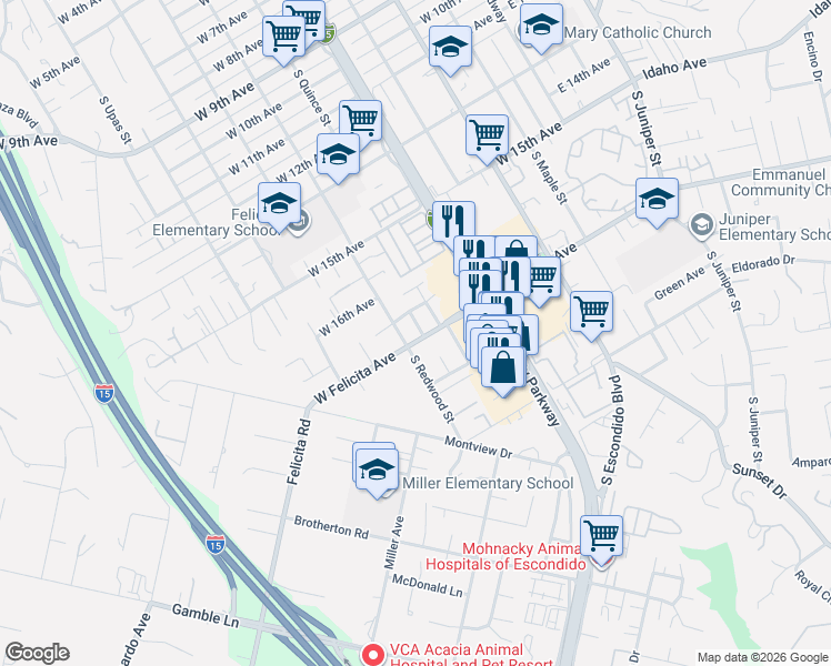 map of restaurants, bars, coffee shops, grocery stores, and more near 1675 Felicita Lane in Escondido