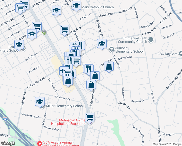 map of restaurants, bars, coffee shops, grocery stores, and more near 1892 South Escondido Boulevard in Escondido