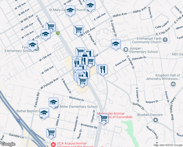 map of restaurants, bars, coffee shops, grocery stores, and more near 401 West Felicita Avenue in Escondido
