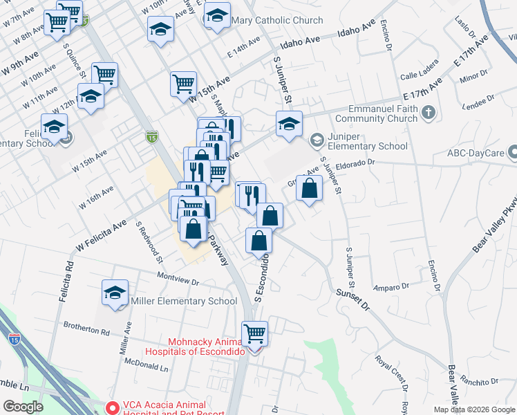 map of restaurants, bars, coffee shops, grocery stores, and more near 1892 South Escondido Boulevard in Escondido