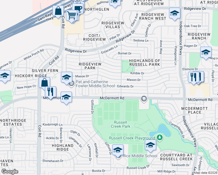 map of restaurants, bars, coffee shops, grocery stores, and more near 9012 Culberson Drive in Plano