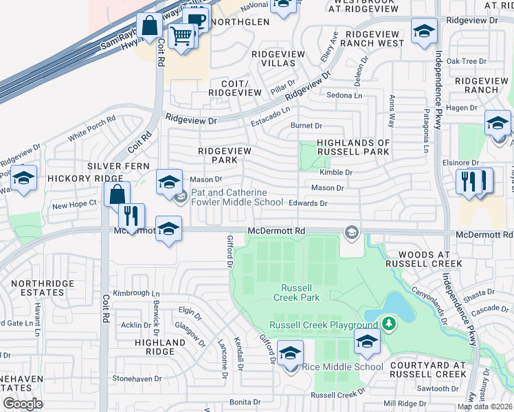 map of restaurants, bars, coffee shops, grocery stores, and more near 9012 Culberson Drive in Plano