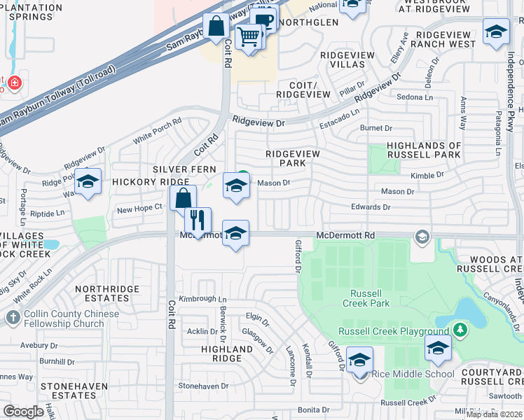 map of restaurants, bars, coffee shops, grocery stores, and more near 3801 McDermott Road in Plano