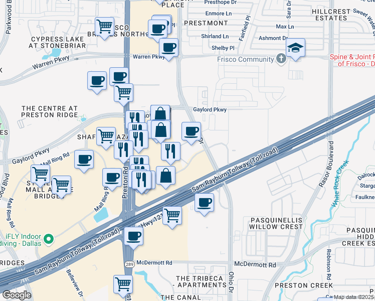 map of restaurants, bars, coffee shops, grocery stores, and more near 3033 Ohio Drive in Frisco