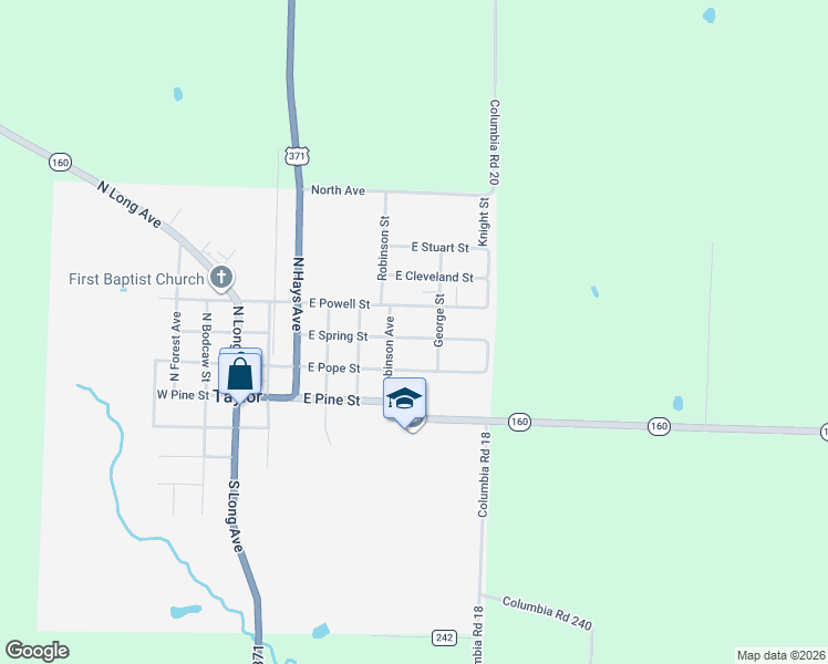 map of restaurants, bars, coffee shops, grocery stores, and more near 510 East Spring Street in Taylor