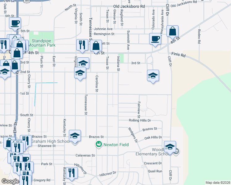 map of restaurants, bars, coffee shops, grocery stores, and more near 800 Indiana Street in Graham