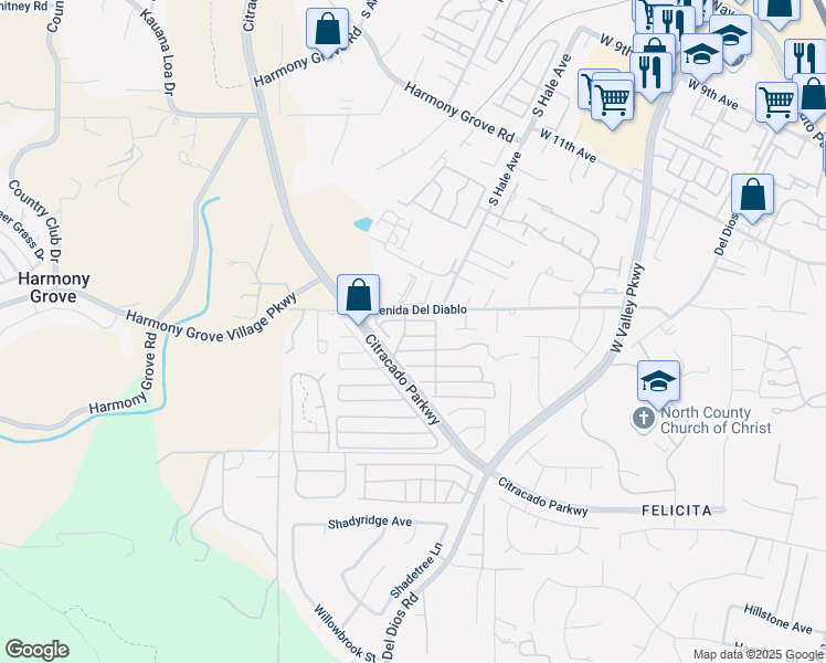 map of restaurants, bars, coffee shops, grocery stores, and more near 1750 West Citracado Parkway in Escondido