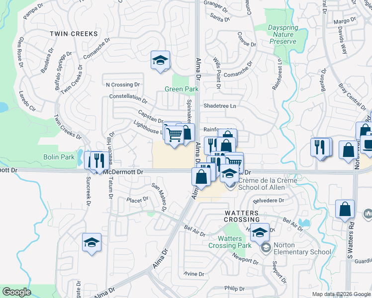 map of restaurants, bars, coffee shops, grocery stores, and more near 1314 West McDermott Drive in Allen