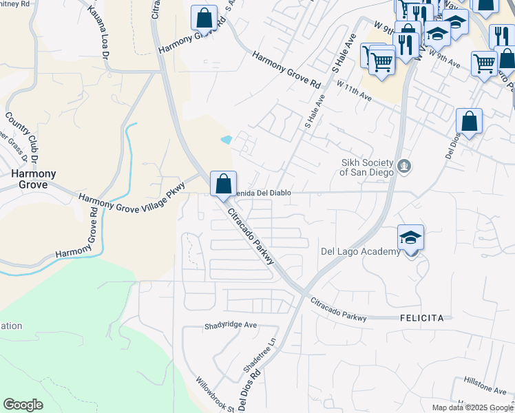 map of restaurants, bars, coffee shops, grocery stores, and more near 1750 West Citracado Parkway in Escondido