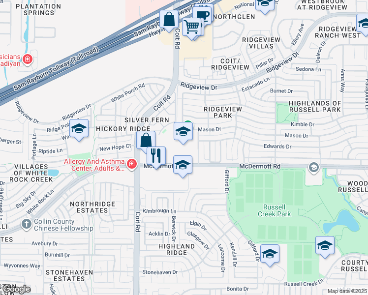 map of restaurants, bars, coffee shops, grocery stores, and more near 3801 McDermott Road in Plano