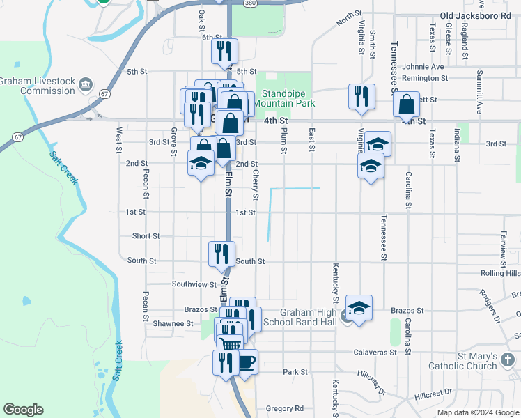 map of restaurants, bars, coffee shops, grocery stores, and more near 731 Cherry Street in Graham