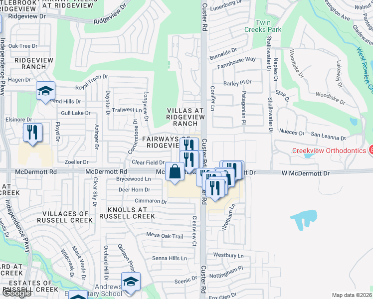map of restaurants, bars, coffee shops, grocery stores, and more near 2216 Leonardo Court in Plano