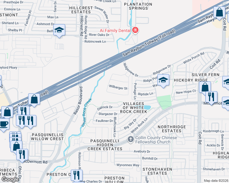 map of restaurants, bars, coffee shops, grocery stores, and more near 4544 Refugio Drive in Plano