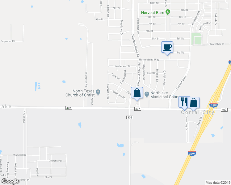 map of restaurants, bars, coffee shops, grocery stores, and more near 1712 Sparrow Street in Northlake