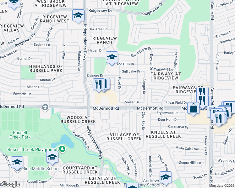 map of restaurants, bars, coffee shops, grocery stores, and more near 2845 McDermott Road in Plano