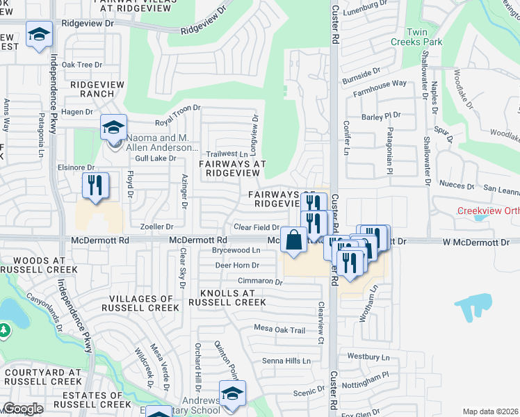 map of restaurants, bars, coffee shops, grocery stores, and more near 2428 Elm Leaf Lane in Plano