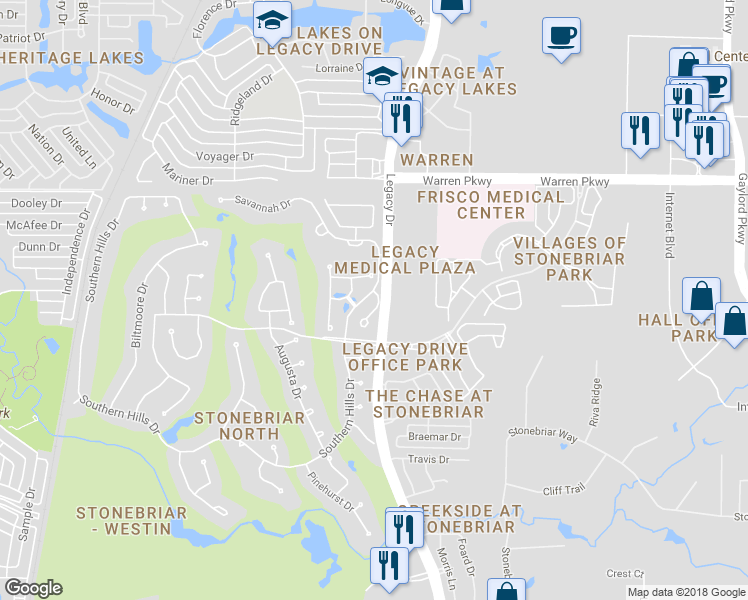 map of restaurants, bars, coffee shops, grocery stores, and more near 2390 Briar Court in Frisco