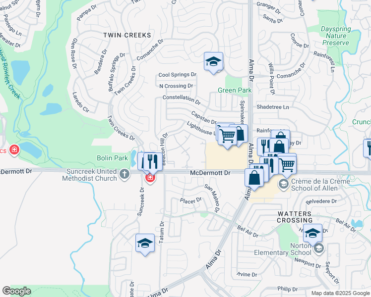 map of restaurants, bars, coffee shops, grocery stores, and more near 1420 West McDermott Drive in Allen