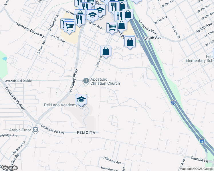 map of restaurants, bars, coffee shops, grocery stores, and more near 1654 Candlelight Avenue in Escondido