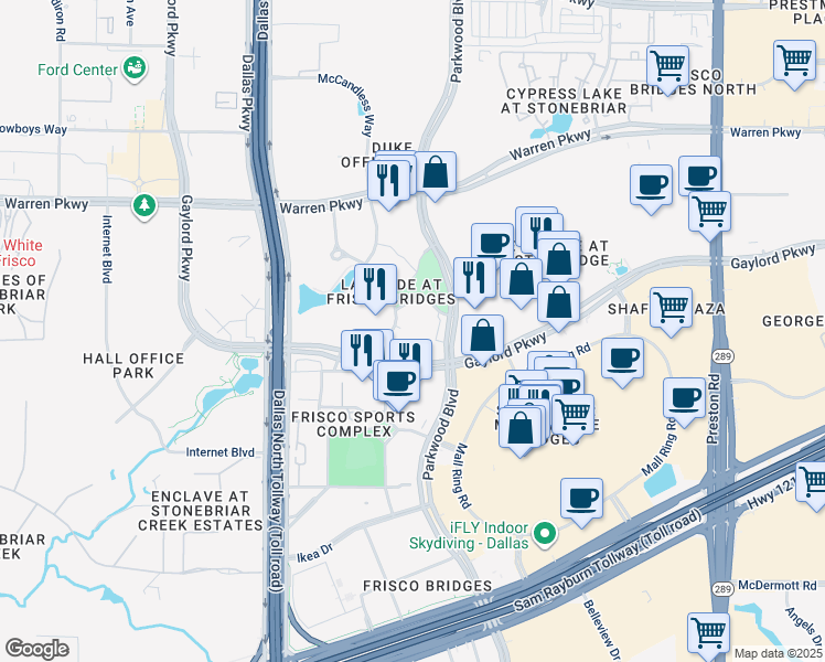 map of restaurants, bars, coffee shops, grocery stores, and more near 2949 Parkwood Boulevard in Frisco