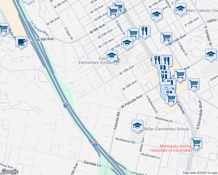 map of restaurants, bars, coffee shops, grocery stores, and more near 1542 South Upas Street in Escondido