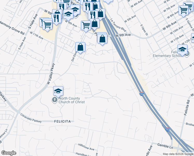 map of restaurants, bars, coffee shops, grocery stores, and more near 1603 Towell Lane in Escondido