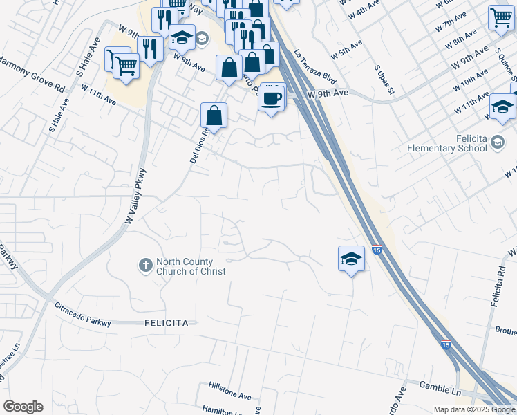 map of restaurants, bars, coffee shops, grocery stores, and more near 1603 Towell Lane in Escondido