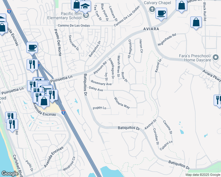 map of restaurants, bars, coffee shops, grocery stores, and more near 930 Daisy Avenue in Carlsbad