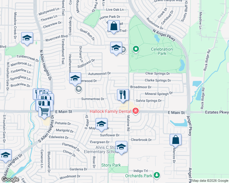 map of restaurants, bars, coffee shops, grocery stores, and more near 1515 Sugar Bush Trail in Allen