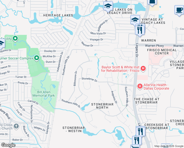 map of restaurants, bars, coffee shops, grocery stores, and more near 3 Mission Hills Court in Frisco