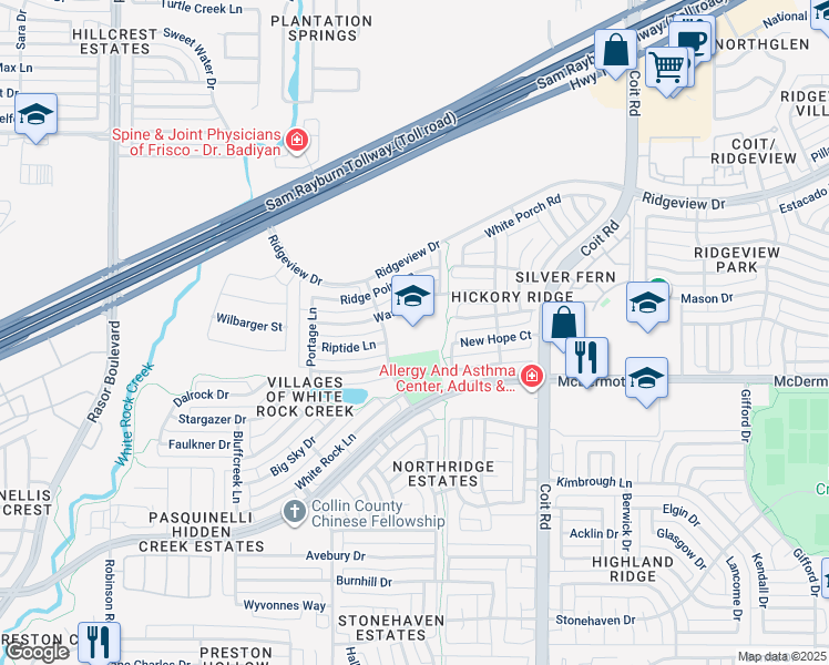 map of restaurants, bars, coffee shops, grocery stores, and more near 4300 Waskom Drive in Plano