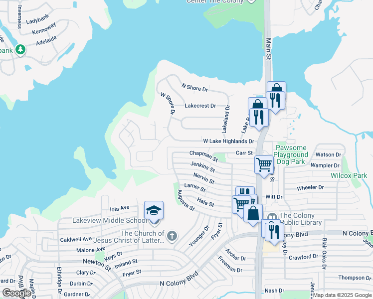 map of restaurants, bars, coffee shops, grocery stores, and more near 4426 Chapman Street in The Colony
