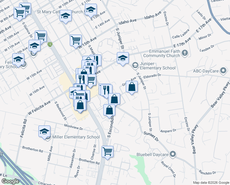 map of restaurants, bars, coffee shops, grocery stores, and more near 1892 South Escondido Boulevard in Escondido