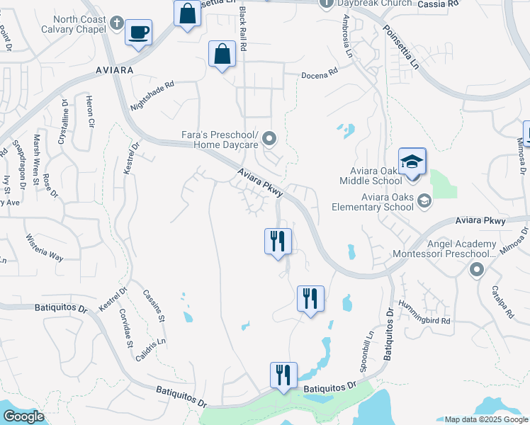 map of restaurants, bars, coffee shops, grocery stores, and more near 7195 Surfbird Circle in Carlsbad