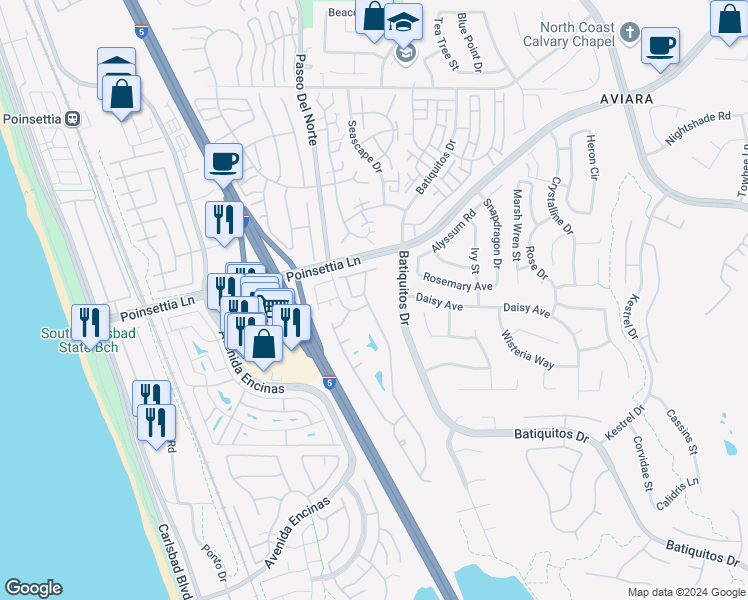 map of restaurants, bars, coffee shops, grocery stores, and more near 7026 Lantana Terrace in Carlsbad