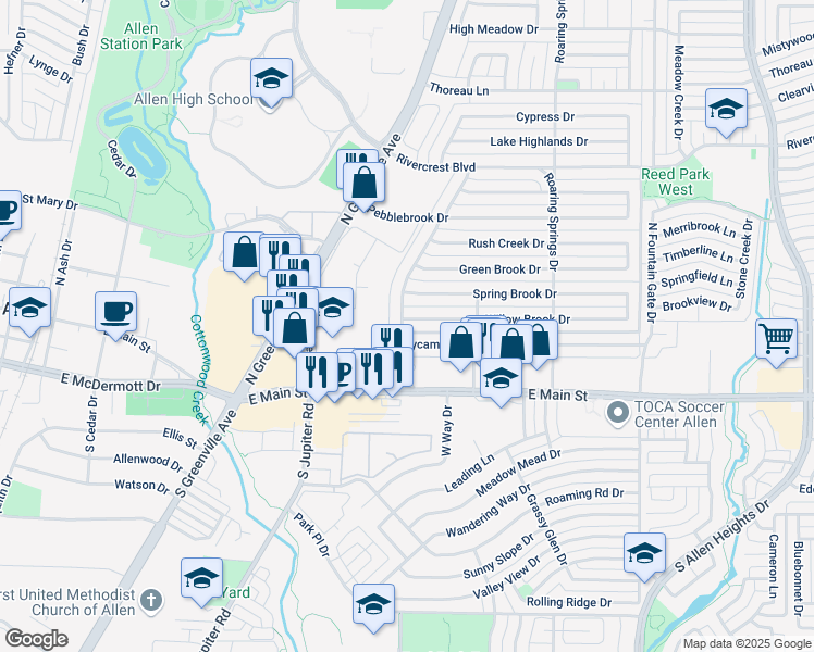 map of restaurants, bars, coffee shops, grocery stores, and more near 700 Sycamore Creek Road in Allen