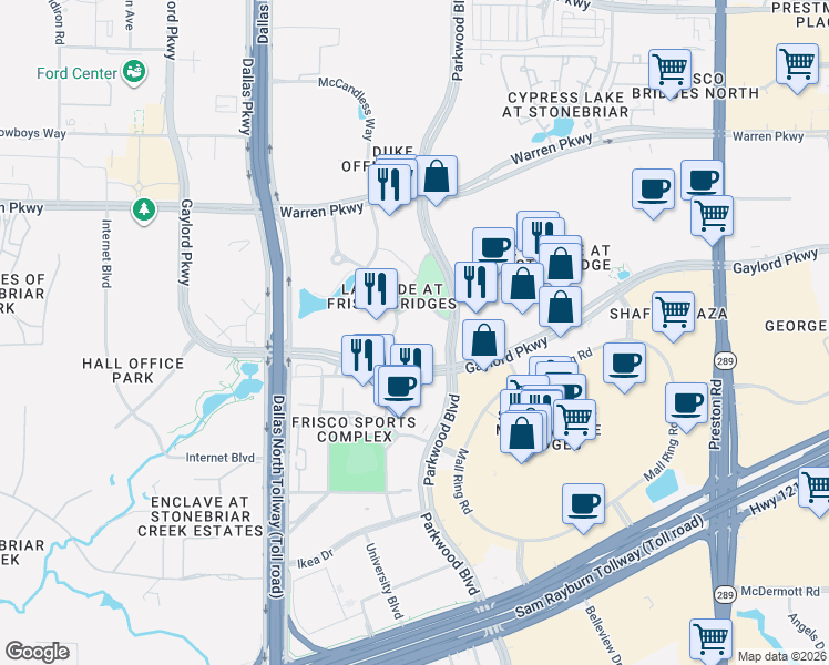 map of restaurants, bars, coffee shops, grocery stores, and more near 2949 Parkwood Boulevard in Frisco