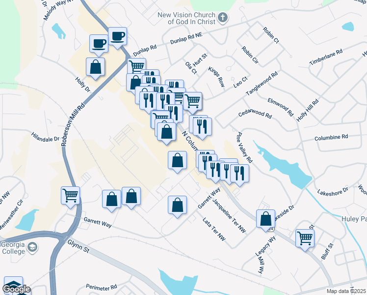 map of restaurants, bars, coffee shops, grocery stores, and more near 1830 North Columbia Street in Milledgeville