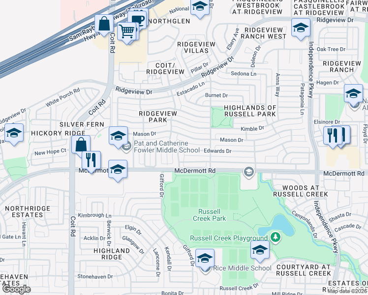 map of restaurants, bars, coffee shops, grocery stores, and more near 9012 Culberson Drive in Plano