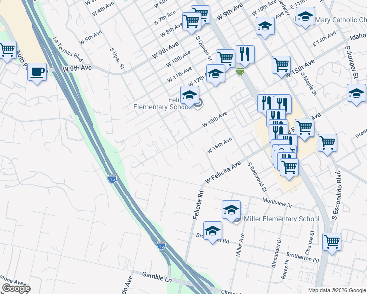 map of restaurants, bars, coffee shops, grocery stores, and more near 981 West 15th Avenue in Escondido