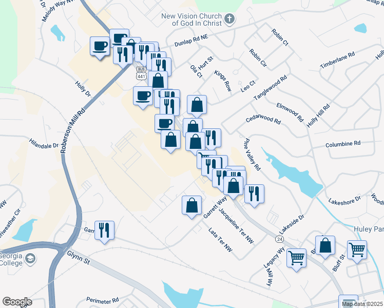map of restaurants, bars, coffee shops, grocery stores, and more near 1830 North Columbia Street in Milledgeville